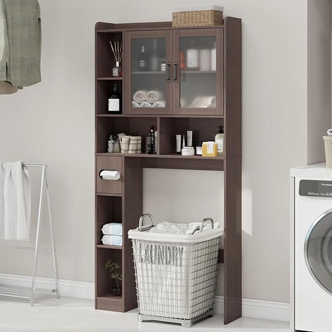 Vabches Over The Toilet Storage Cabinet, Farmhouse Storage Cabinet Over Toilet with Acrylic Doors，Home Space-Saving Toilet Rack, for Bathroom, Restroom, Laundry, Espresso