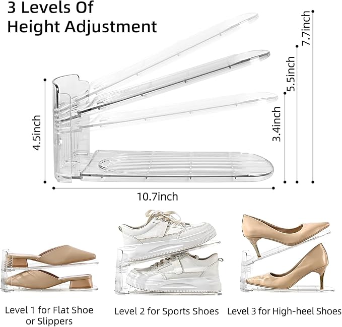 shoe slots organizer, Clear Shoe Stacker, Adjustable Level Shoe Rack,Storage Space Saver for Sneakers Display (Transparent, 8Pack)