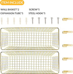 2 Sets Extra Large Hanging Wall Basket, Gold Metal Wire Baskets with Steel Hooks for Organizing, WallmountedFruit Vegetable Toy Snack Storage, Home Kitchen Bathroom Laundry Pantry Organizer
