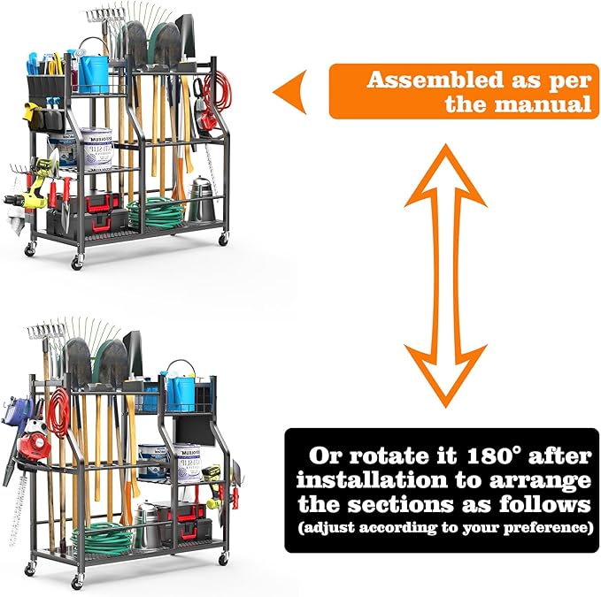 36" Large Garden Tool Organizer with Wheels & Side Tool Bag, 3 Tier Rolling Garage Storage Rack for Long Handled Rakes, Shovels, Brooms, Freestanding Yard Tools Cart for Shed & Outdoors