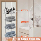 HarJue Over The Door Towel Racks, No Drill Towel Storage with Basket & Hooks, Space-Saving Multi-Functional Towel Holder for Bathrooms, bedrooms, Apartments, RVs (White)