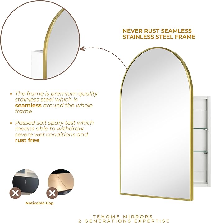 TEHOME 24 x 36'' Brushed Gold Arch Bathroom Medicine Cabinet with Mirror Recessed and Surface Mounted Medicine Cabinet Mirror