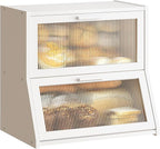 GHWIE Double Layer Bamboo Bread Box for Kitchen Counter,Large Capacity Bread Storage Bin,Bread Container with Acrylic Wavy Door Panel (White, Extra Large)