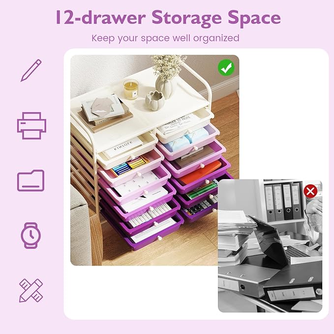 GOFLAME 12-Drawer Rolling Storage Cart, Multifunctional Art Craft Organizer Cart, Mobile Utility Storage Cart with Removable Drawers & Lockable Wheels, Craft Cart for Home Office, Purple Gradient