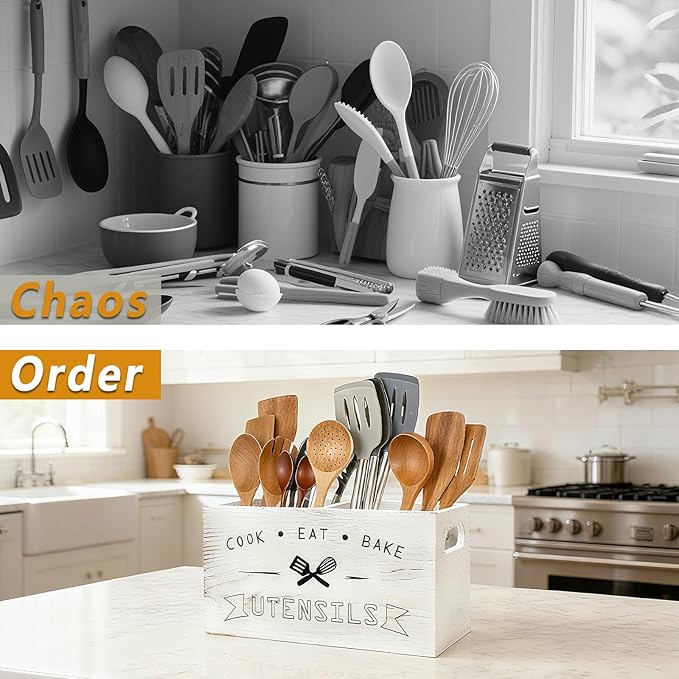 Large and Durable Retro White Wooden Kitchen Utensil Holder - Ideal Kitchen Counter Decor for Party, Counter & More （Retro White 4 Compartment）