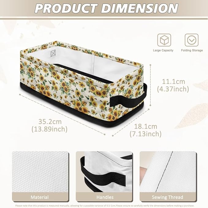 Multi-purpose Storage Basket Small Storage Bins Collapsible Rectangular Toilet Paper Basket Organizer for Bathroom Bedroom Kitchen Office Organization, Sunflower Bee