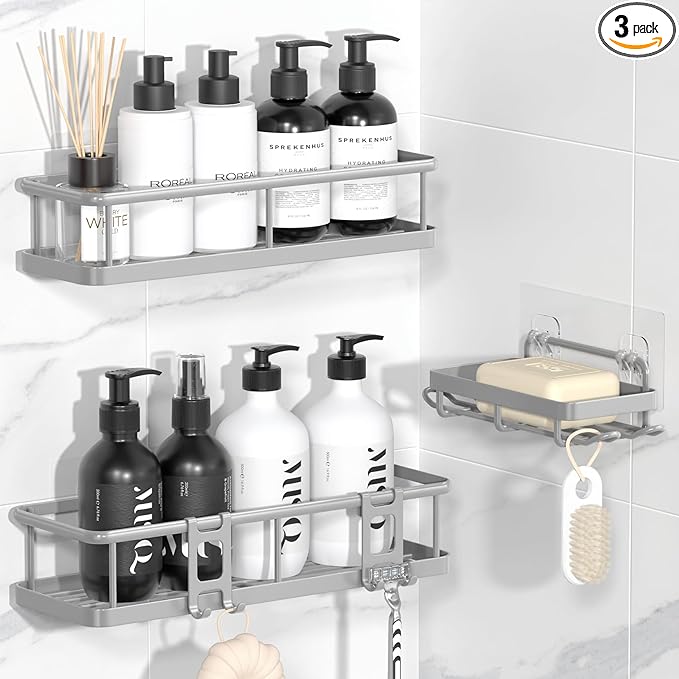 YASONIC Shower Caddy Adhesive, No Drill Bathroom Shower Organizers, with Removable Hooks and Soap Holder, Rust Proof Shower Shelves, Wall-Mounted Shower Holder, 3 Pack, Grey
