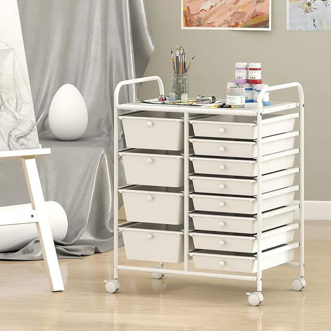 RELAX4LIFE 12-Drawer Rolling Storage Cart - Mobile Utility Drawer Carts with Wheels, Craft Organizers Cart for Classroom Organization and Storage, School, Home, Office