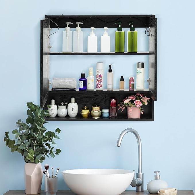 ALIMORDEN Medicine Cabinet with Light, Bathroom Wall Cabinet with Defogger Mirror & LED Lights, 2 Doors Wall Mounted Bathroom Mirror, Recessed or Surface Mount, Morden Black(Cubic 30.4 x 29.5), Small