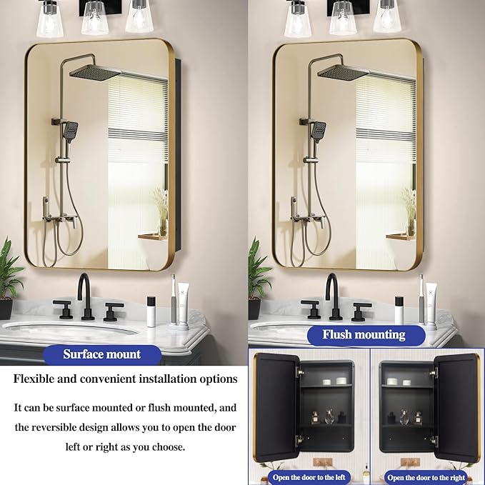 20" x 26" Bathroom Medicine Cabinet with Mirror Door, Brush Gold Stainless Steel Frame, Recessed or Surface Mounted,Storage Cabinet with Adjustable Metal Shelves,Upgraded Version