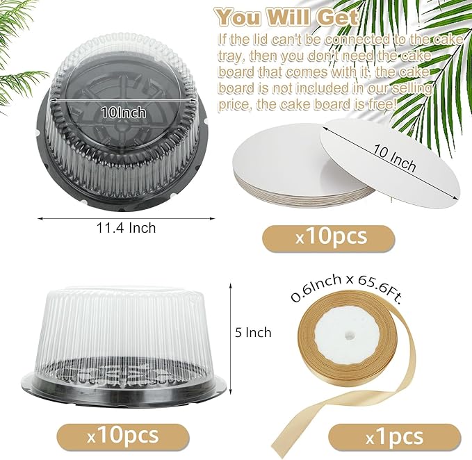 10 Pcs 10 Inches Disposable Cake Container with Lid Plastic Cake Carrier with Clear Dome Lid and Cake Boards Round Cake Containers Carriers for Transport, Party Takeout Food Display