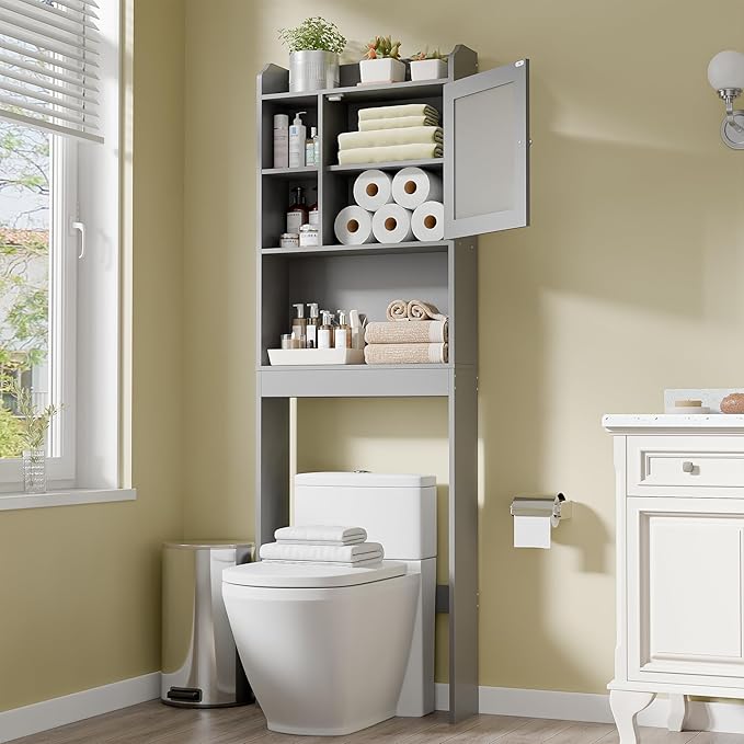 ZENY Over The Toilet Storage Cabinet, Bathroom Organizer with Adjustable Shelf and Double Doors, Freestanding Bathroom Space Saver Toilet Rack (Gray)