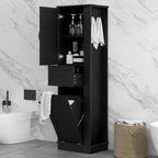 Tall Laundry Cabinet with Tilt Out Hamper, Wood Bathroom Storage Cabinet with Door,Drawer and Adjustable Shelves Freestanding (Black)