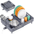 TOOLF Dish Drying Rack with Drainboard, Extendable Dish Rack for Kitchen Counter, Expandable Dish Drainer, Dish Strainer, Foldable Home Countertop Plate Storage Rack with Cutlery Holder, Gray