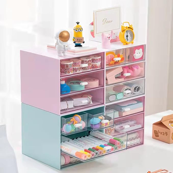 Desk Organizer with Drawer, Office Organizer with 4 Drawers, Desk Storage Box for, Desktop, Dressing table, Office, School, Home, Plastic Box and 4 Acrylic Drawers(Blue)
