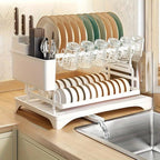 2-Tier Dish Drying Rack - Stainless Steel Dish Racks for Kitchen Counter, Space-Saving Kitchen Counter Organizer with Cutlery/Cup Holders & Draining Tray, Rustproof Multifunctional Drainer (White)