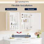 Keonjinn 60 x 32 Inch Medicine Cabinet, Assembly Required, White Bathroom Medicine Cabinets Mirror, Lightweight, Adjustable Shelves, Surface Mount or Recessed, Tempered Glass
