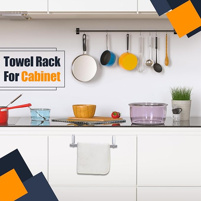 2 Pack Towel Rack for Cabinet, Over Cabinet Bar, Strong Steel Towel Holder, 9 Inch for Home Kitchen Bathroom Doors(Silver)