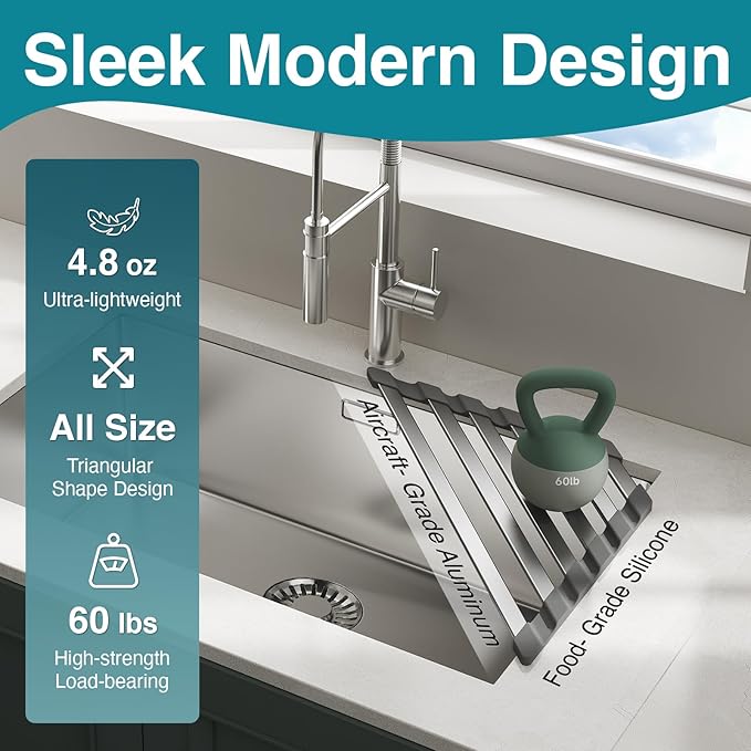 Corner Sink Drying Rack, 16"x9.5" Rust-Proof Aluminum Triangular Dish Drainer, Heat Resistant Roll Up Mat for Kitchen Counter, Sponge Holder & Organizer with Non-Slip Silicone Base, Gray