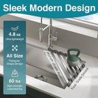 Corner Sink Drying Rack, 16"x9.5" Rust-Proof Aluminum Triangular Dish Drainer, Heat Resistant Roll Up Mat for Kitchen Counter, Sponge Holder & Organizer with Non-Slip Silicone Base, Gray