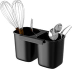 SANNO Dish Rack Utensil Holder, Hanging Cutlery Drainer Caddy with Hooks, 2 Compartment Flatware Organizer for Forks, Spoons, Knives, Fits Over Most Dish Drying Racks, Black