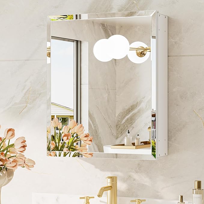 TokeShimi 16 x 20 Mirrored Medicine Cabinet, Tempered Beveled Mirror, White Medicine Cabinet with Mirror, Assembly Required, Stepless Adjustable Shelves, Recessed/Wall Mount