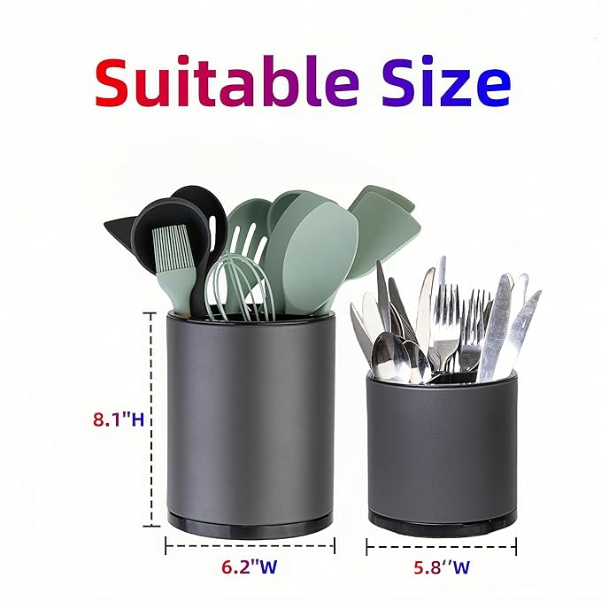 Kitchen Utensil Holder Extra Large Rotating For Counter Organizer Stainless Steel Storage Cooking Silverware Caddy 3 Compartment Flatware Spoon Spatula Tool Cutlery Container（2 Set Grey）