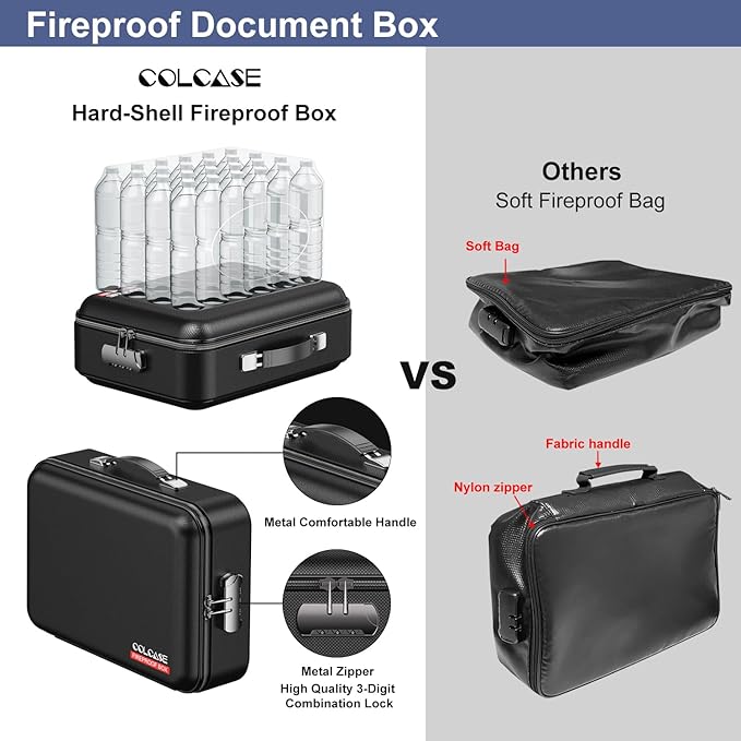 COLCASE Fireproof Document Box with Lock, Hard Fireproof Waterproof Box Creative Hard-Shell Design Fireproof Safe Box Document Organizer for Important Documents Certificates Laptop Passports Black