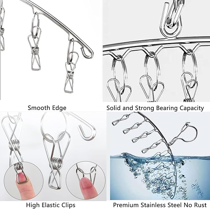 Stainless Steel Laundry Drying Rack Clothes Hanger with Windproof Hook,Underwear Hanger,Clothes Hangers with 8 Clips for Drying Socks,Diapers,Baby Clothes(2 Pack)