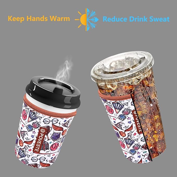 Reusable Neoprene Insulator Sleeve for Iced Coffee & Cold Soda, Coffee Sleeves for Iced & Hot Drinks, Cold Beverage Cooler Compatible with Starbucks, Dunkin (Quidditch Game, Large: 32oz)