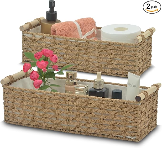 Toilet Paper Baskets for Organizing[2 pack],Paper Rope Wicker Storage Basket with Handle, Bathroom Basket for Bedroom, Nursery, Living Room. (Natural)