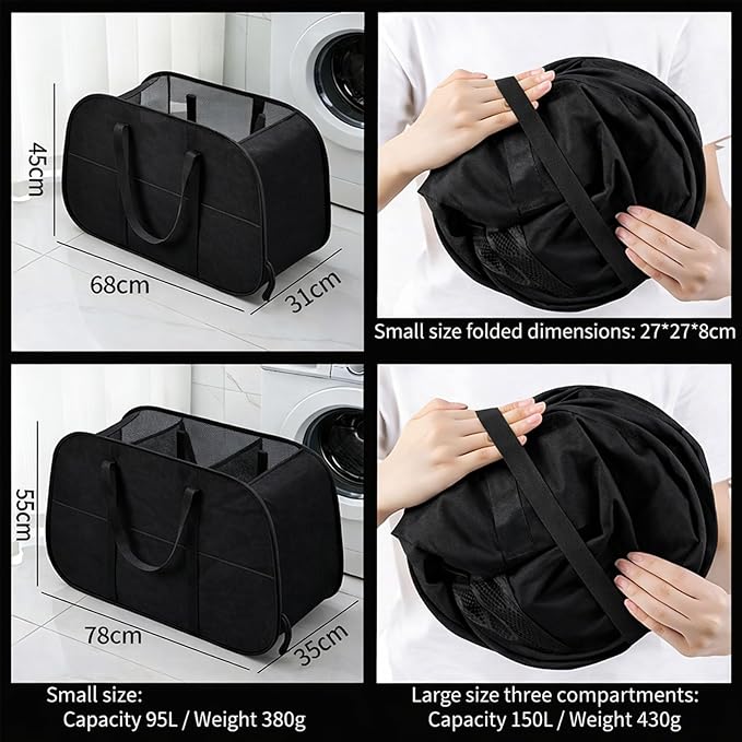 Pop Up Laundry Hamper,Collapsible Laundry Baskets,6-Piece Tear-proof Laundry Basket,Laundry Basket with enhanced handle oldable Mesh Storage Bin for Home, Dorm, Travel (Black)