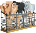 Suli Extra Large Kitchen Utensil Holder with 4 Compartments，Metal holder with Wooden Base for Kitchen Countertop，Farmhouse Cooking Utensil Storage, Rustic Cooking Utensil,Grey