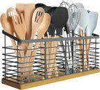 Suli Extra Large Kitchen Utensil Holder with 4 Compartments，Metal holder with Wooden Base for Kitchen Countertop，Farmhouse Cooking Utensil Storage, Rustic Cooking Utensil,Grey