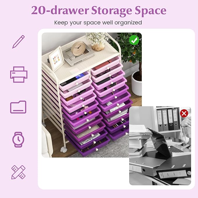 COSTWAY 20-Drawer Rolling Storage Cart, Utility Storage Organizer Cart for Tools, Scrapbook, Paper, Craft, Multipurpose Storage Trolley on Wheels for Home Office School, Purple Gradient