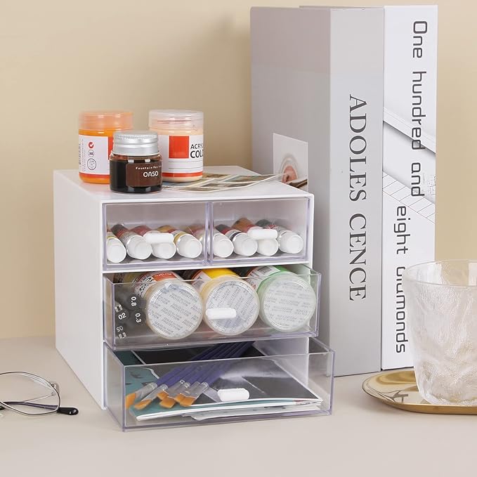 Desk Organizer with Drawer, Office Organizer with 4 Drawers, Desk Storage Box for, Desktop, Dressing table, Office, School, Home, Plastic Box and 4 Acrylic Drawers(White)