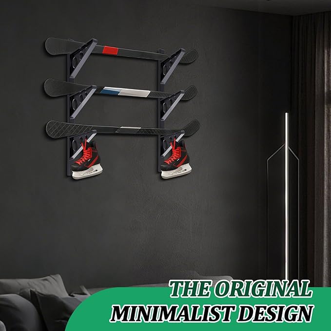 Ski Wall Rack Horizontal Ski Rack Wall Mount Hockey Stick Storage, Garage Storage for Sports Equipment, Skates, Lacrosse Sticks, 3 Tiers