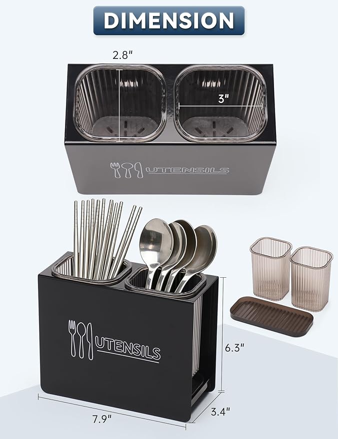 Kitchen Utensil Holder, Metal Silverware Holder with 2 Plastic Cups and Base, Modern Farmhouse Kitchen Decor, Countertop Utensil Organizer for Spoons Cooking Tools (Black)