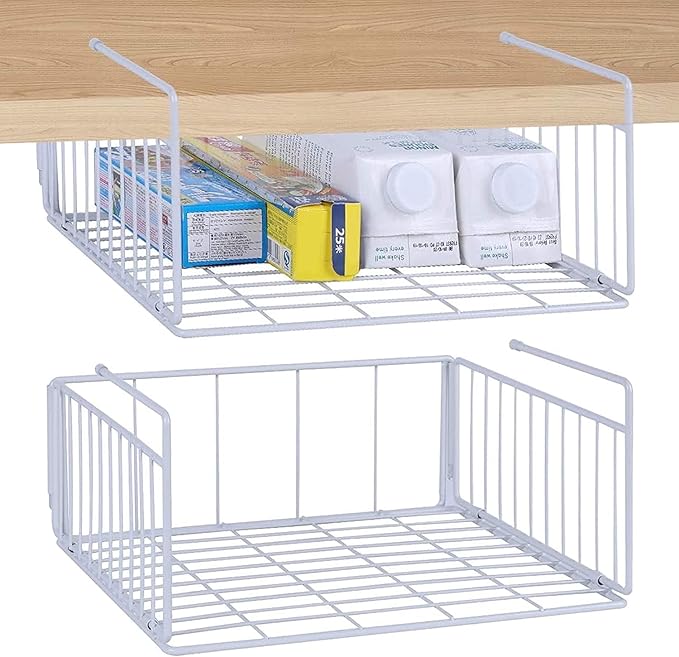 SUFAUY Under Shelf Basket Storage, 2-Pack Under Cabinet Hanging Wire Organizer for Pantry Kitchen, 11.6“D x 12.6" W x 5.8”H, White