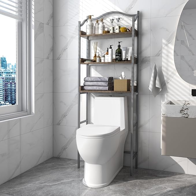 Tangkula Over The Toilet Storage Rack, 3-Tier Above Toilet Bathroom Shelf with Adjustable Bottom Bar & Anti-Toppling Devices, Metal Frame, Freestanding Bathroom Space Saver for Laundry (Silver, 66"H)