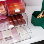 Desk Organizer with Drawer, Office Organizer with 4 Drawers, Desk Storage Box for, Desktop, Dressing table, Office, School, Home, Plastic Box and 4 Acrylic Drawers(Pink)