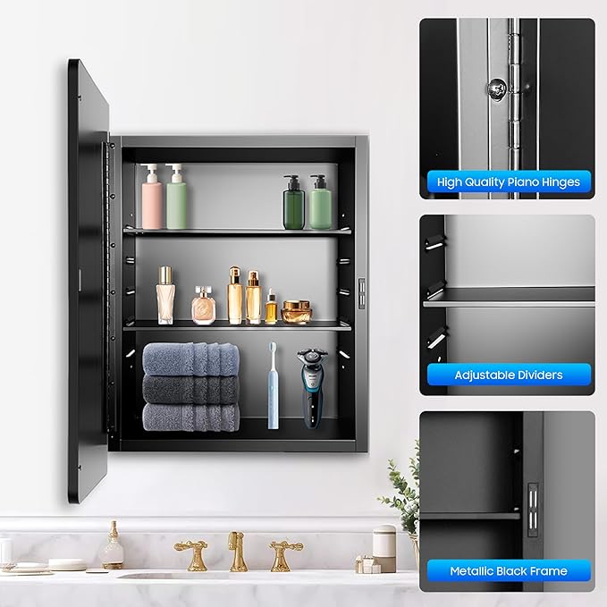 Medicine Cabinet with Mirror, 16x22 inch Black Recessed Medicine Cabinet or Surface Wall Mount Bathroom Cabinets with Adjustable Shelves Metal Framed Mirror, Rounded Rectangle Storage Cabinet