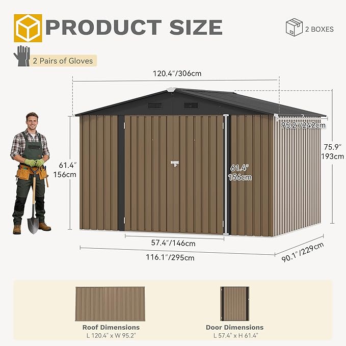 DWVO 10x8ft Outdoor Storage Shed, Large Metal Tool Sheds, Heavy Duty Storage House with Lockable Doors & Air Vent for Backyard Patio Lawn to Store Bikes, Tools, Lawnmowers, Brown