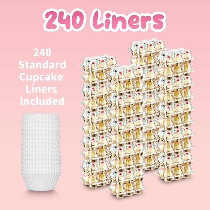 (6 Count x 40 Sets) Stackable Cupcake Containers with 240 Pack Liners, Plastic Cupcakes Boxes Holders for 6 cakes, High Tall Dome Lid Cupcakes Carrier, Clear Cupcake Trays/Containers/Holders