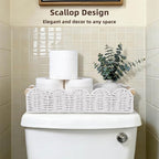 CubesLand Bathroom Basket Organizer w/Cut Out Handle, Back of Toilet Paper Storage Baskets Tray for Bathroom Countertop Decorative, Scalloped Wicker Basket Also for Home Decor, Living Room, White