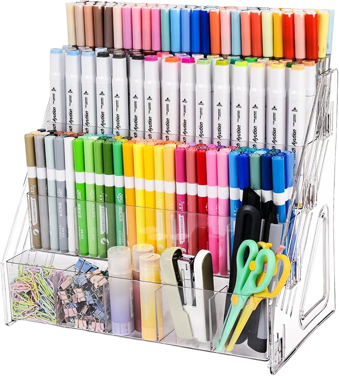 Acrylic Marker Organizer – 4 Tier 20 Compartments for Pens, Markers, Art Supplies & Office Essentials – Clear Vertical Desk Storage for Home, Office & School