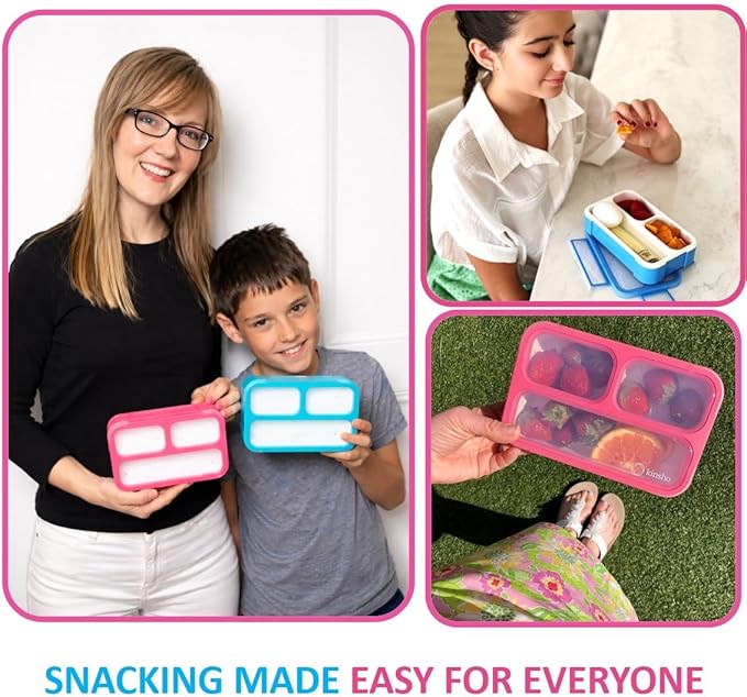 Small Snack Containers for Kids Toddlers - 3 Compartments (Set of 2) - Leak-proof Reusable Snack Boxes with Lids - BPA-Free Mini Bento Lunch Box - Ideal for School, Daycare, Holds 2 Cups (Pink + Blue)
