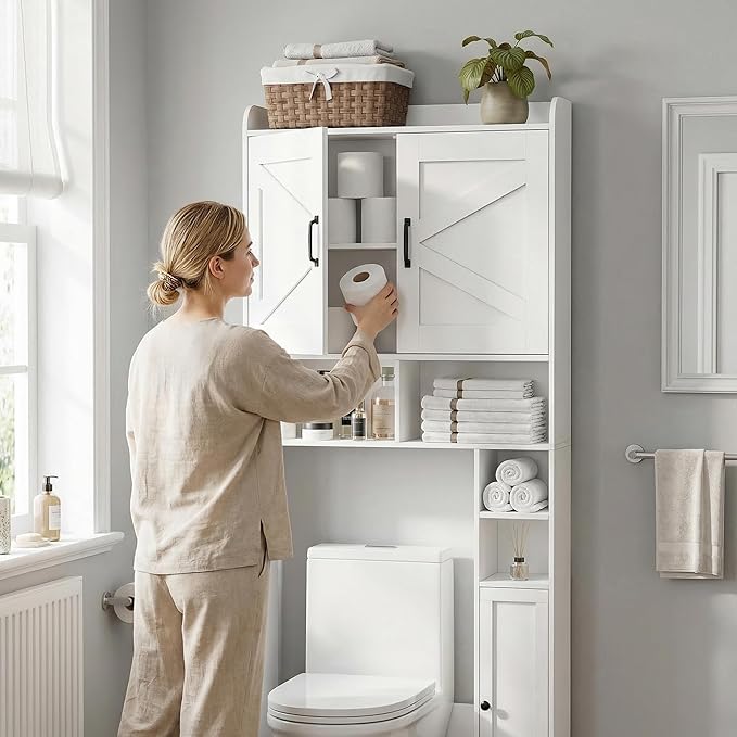 Homhedy Over The Toilet Storage Cabinet with 2 Barn Door and Toilet Paper Holder Stand, FreeStanding Toilet Shelf Space Saver, for Bathroom, Restroom, Laundry, White