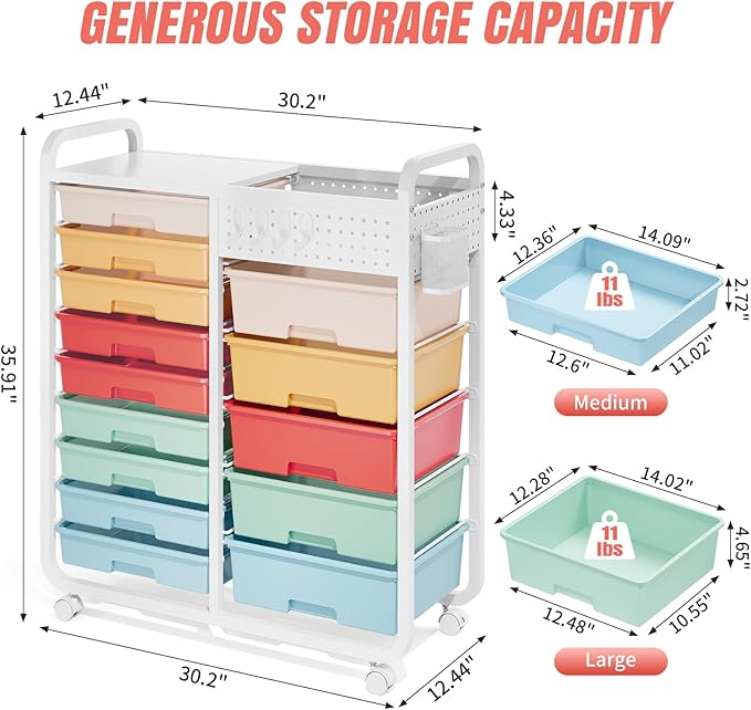 Rolling Storage Cart with 14 Drawers, Storage Organizer Cart with Tabletop and Pegboard,Utility Cart for Living Room, Classroom, Bedroom,Bathroom,Dorm,Office (Rainbow)