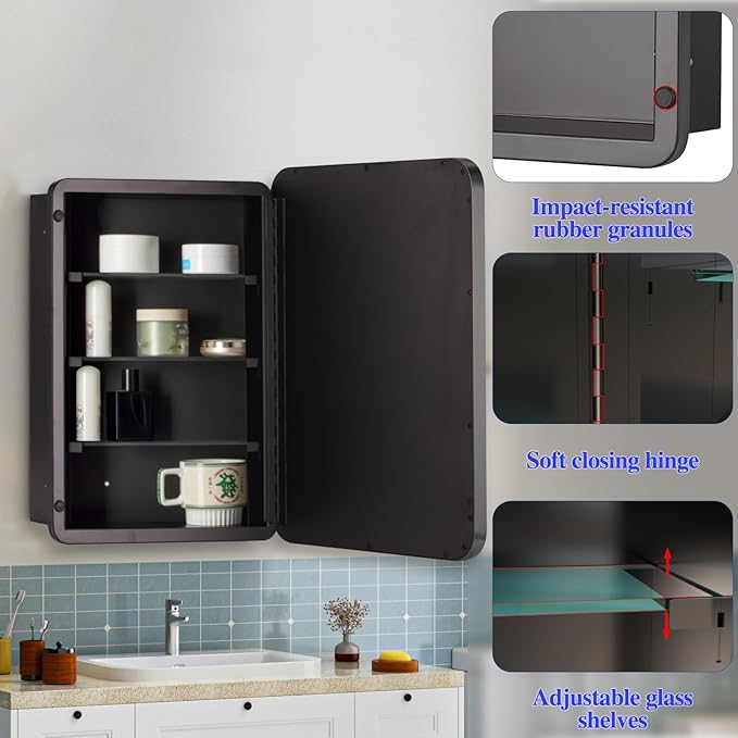 Bathroom Medicine Cabinet with 20"x30" Stainless Steel Framed Mirror,Recessed or Surface Mounted Bathroom Mirror Cabinet,Storage Cabinet for Bathrooms, Guest Rooms, Apartments, Farmhouse Decor